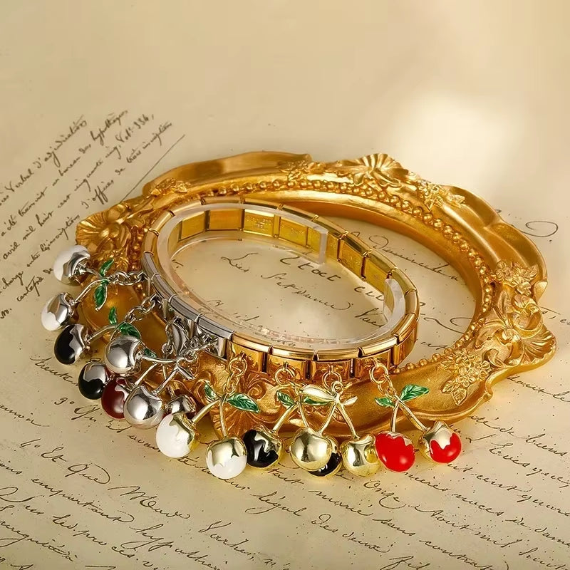 2024 Fashion New Women Gift Fruit Cherry Charm Italian Link Fit 9Mm Bracelet Stainless Steel Making DIY Jewelry DJ745